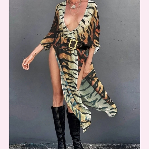 SALE! Last One New Tiger Print Sheer Swim Cover Up Kimono Duster Robe Cardigan - Picture 7 of 13